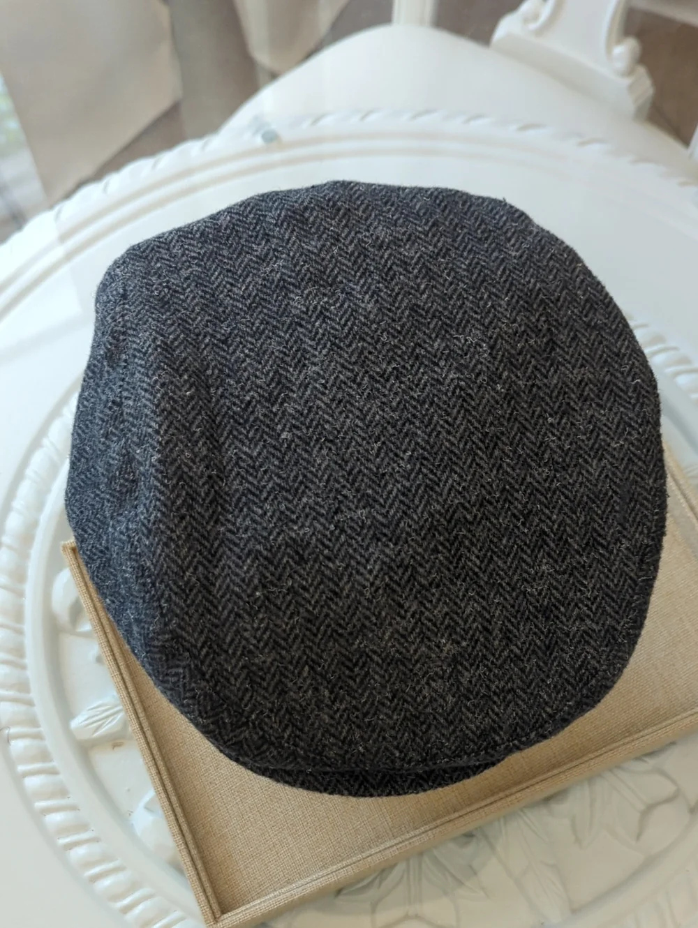 Vintage Sima Int. 100% Pure Wool Herringbone Skipper Cap Hat Black Grey  XL